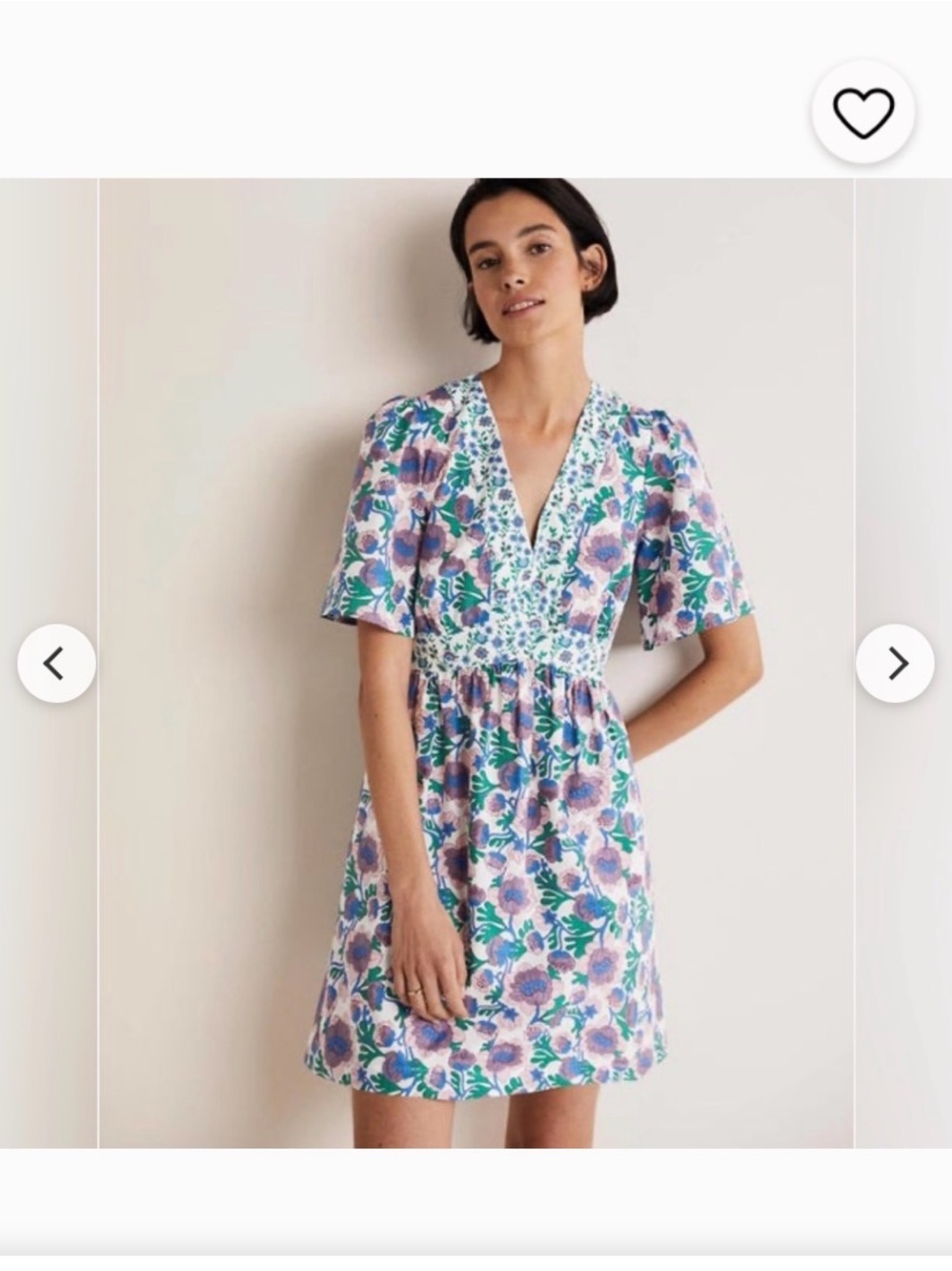Boden Floral V-Neck Mini Dress in Lavender and Green